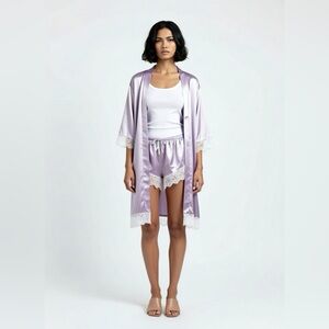 Elegant Lavender Satin Robe and Short set with Lace Trim